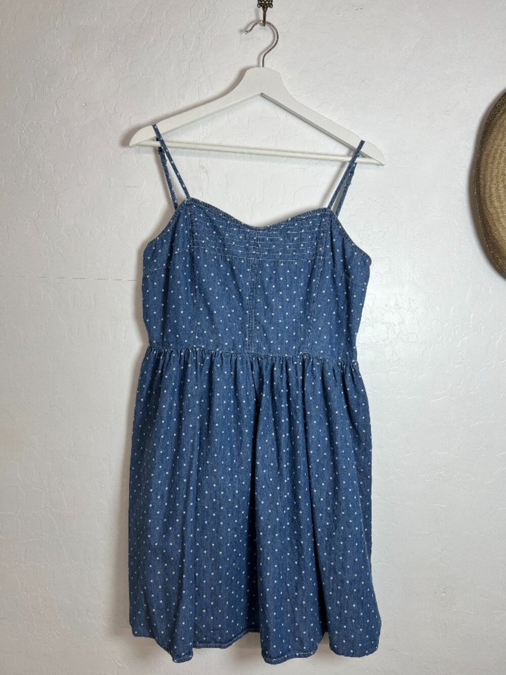 SO Polka Dot Denim Sundress Womens Sz XL Blue Chambray Cami Mini Dress Cotton